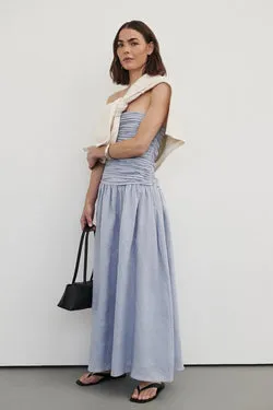 AUBRIELLA DUSTY BLUE LINEN MIDI DRESS