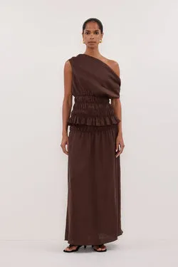 MAIA COCOA LINEN SHIRRED MIDI SKIRT