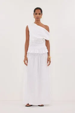 MAIA WHITE LINEN SHIRRED MIDI SKIRT