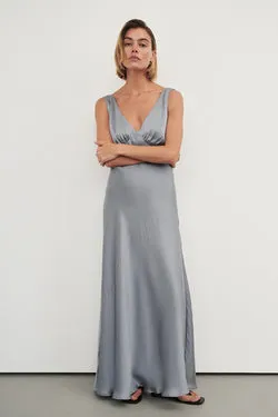 MILA DUSTY BLUE SILK MIDI DRESS