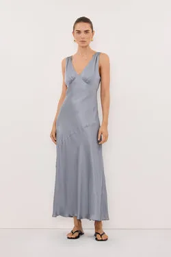 MILA DUSTY BLUE SILK MIDI DRESS