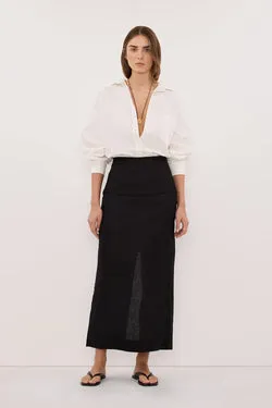 YARA BLACK LINEN FOLDOVER MIDI SKIRT