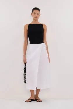 ODETTE WHITE LINEN WRAP MIDI SKIRT