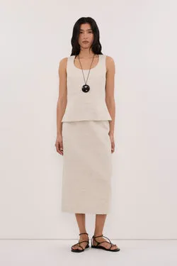 AURELI NATURAL LINEN PENCIL MIDI SKIRT