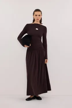 MEG BURNT CHOC LONG SLEEVE KNIT MIDI DRESS