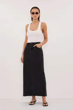 MONROE BLACK RINSE DENIM MIDI SKIRT