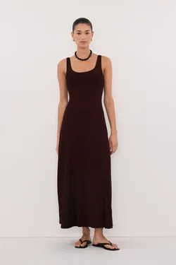 PHOEBE BURNT CHOC SLEEVELESS SCOOP NECK MIDI DRESS