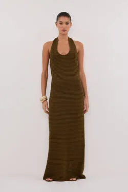 GINA OLIVE HALTER CROCHET MIDI DRESS