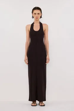 LISS BITTER CHOC HALTER MAXI DRESS