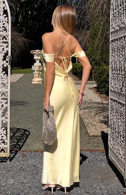 Danni Light Yellow Tie Off Shoulder Formal Maxi Dress
