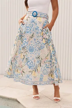 Limonata Maxi Skirt in Blue with Lemon Linen Blend