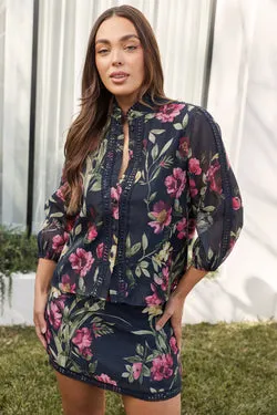 Whispering Bloom Skirt in Navy Floral Print