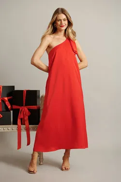 Loyality One Shoulder Maxi Dress in Red Satin