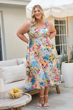 Tuscan Muse Midi Sundress in Multi Floral with Navy Trim