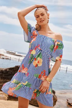 Cabella Dress in Blue Stripe Print Linen Blend