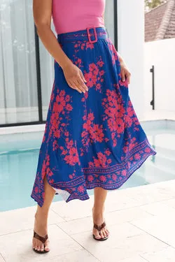 Floral Reverie Maxi Skirt in Cobalt with Pink Floral Linen Blend