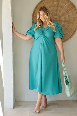 Seraphina Bloom Midi Dress in Jade Linen Blend