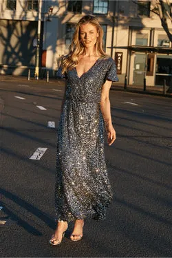 Glistening Hour Reversible Maxi Dress in Pewter Sequin