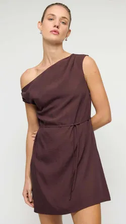 Linen Blend Chocolate Asymmetrical Mini Dress
