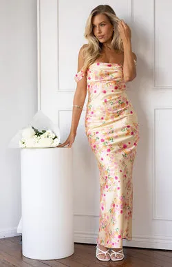 Ella Yellow Bloom Satin Maxi Dress