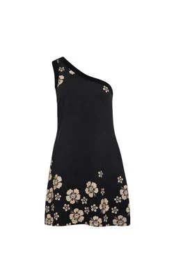 Happy Hibiscus One Shoulder Dress - Black
