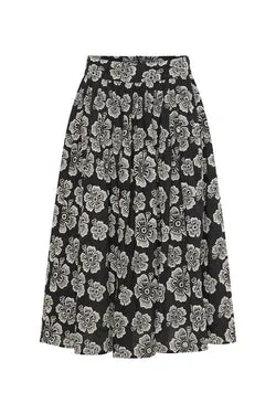 Hibiscus Broderie Gathered Midi Skirt - Black/White
