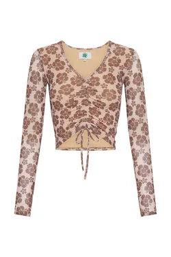 Happy Hibiscus Mesh Crop Top L/S - Sand/Brown