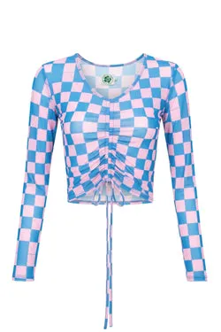 Check Mesh L/S Crop Top - Blue/Pink