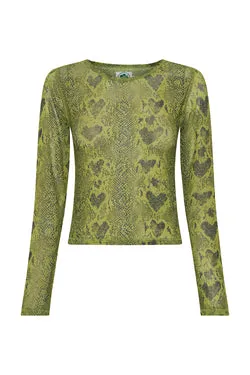 Heart Snake Mesh L/S Crop Top - Olive