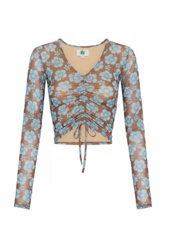 Happy Hibiscus Mesh L/S Crop Top - Brown/Blue