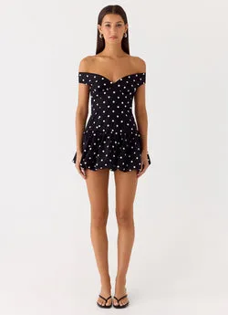 Endless Romance Off Shoulder Mini Dress - Black Polkadot