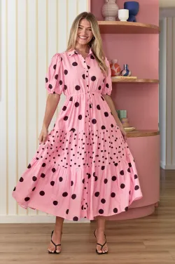 Everleigh Dress - Pink Chocolate Spot