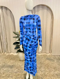 Suboo Blue Shibori Long Sleeve Rushed Maxi Dress - Size M