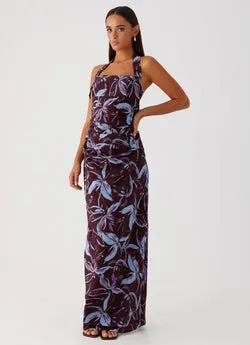 Fauna Halter Maxi Dress - Brown Purple Floral