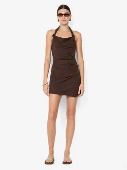 ANNETTA HALTER MINI DRESS - DARK CHOCOLATE