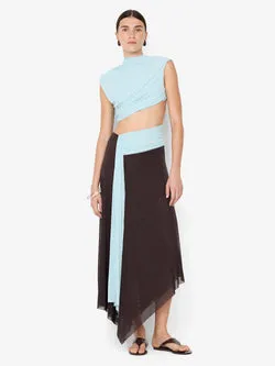 CONNI ASYM MIDI DRESS - ARCTIC BLUE / DARK CHOC