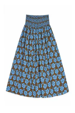 Happy Hibiscus Shirred Skirt - Brown/Blue