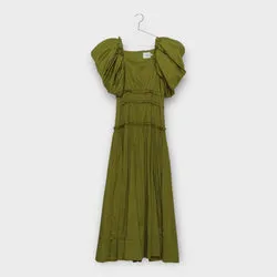 Green Frequency Puff Sleeve Midi Dress
