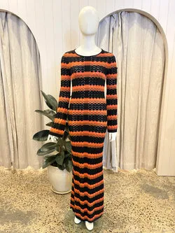Shona Joy Black and Orange Isla Crochet Low Back Maxi Dress - Size S