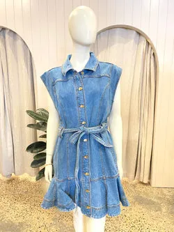 AJE Ruffle Hem Denim Mini Dress - Size 16