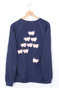 Vintage Navy Pink 3D Puff Pig Front & Back Animal 50/50 Sweatshirt (L)