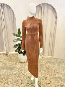 Shona Joy Brandy Brown Kamari Long Sleeve Cut Out Midi Dress - Size M (10/12)