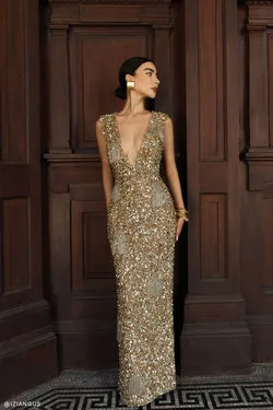 Astor Hand Embellished Maxi Dress - Gold