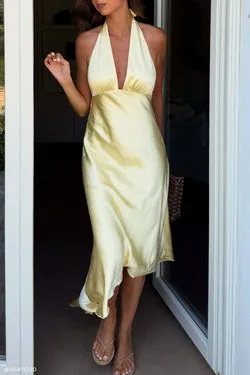 Adelie Asymmetric Hem Halter Midi Dress - Butter