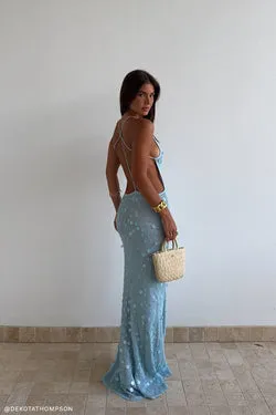 Carmen Crochet Sequin Maxi Open Back Dress - Blue