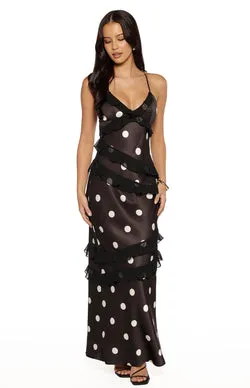 Inara Black Polka Dot Ruffle Maxi Dress