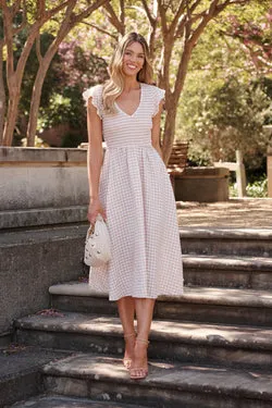 Jeannie Midi Dress In Beige Gingham