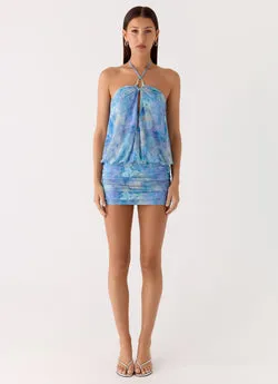 Jisoo Halter Mini Dress - Aqua Paisley