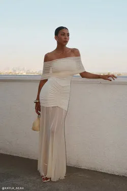 Caspian Slinky And Mesh Off Shoulder Maxi Dress - Ivory