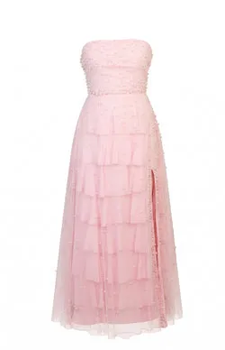 Kim Pink Statement Pearl Strapless Ruffle Maxi Dress - PRE ORDER